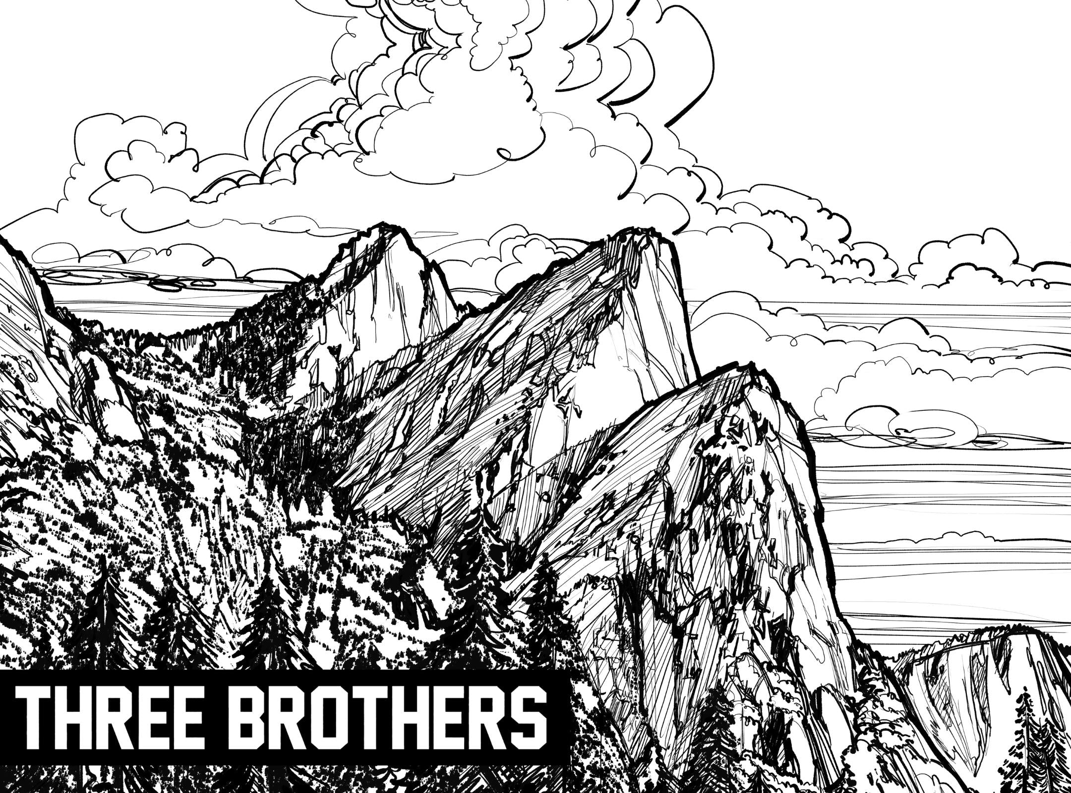 Sketched image of Three Brothers peak in Yosemite Valley.
