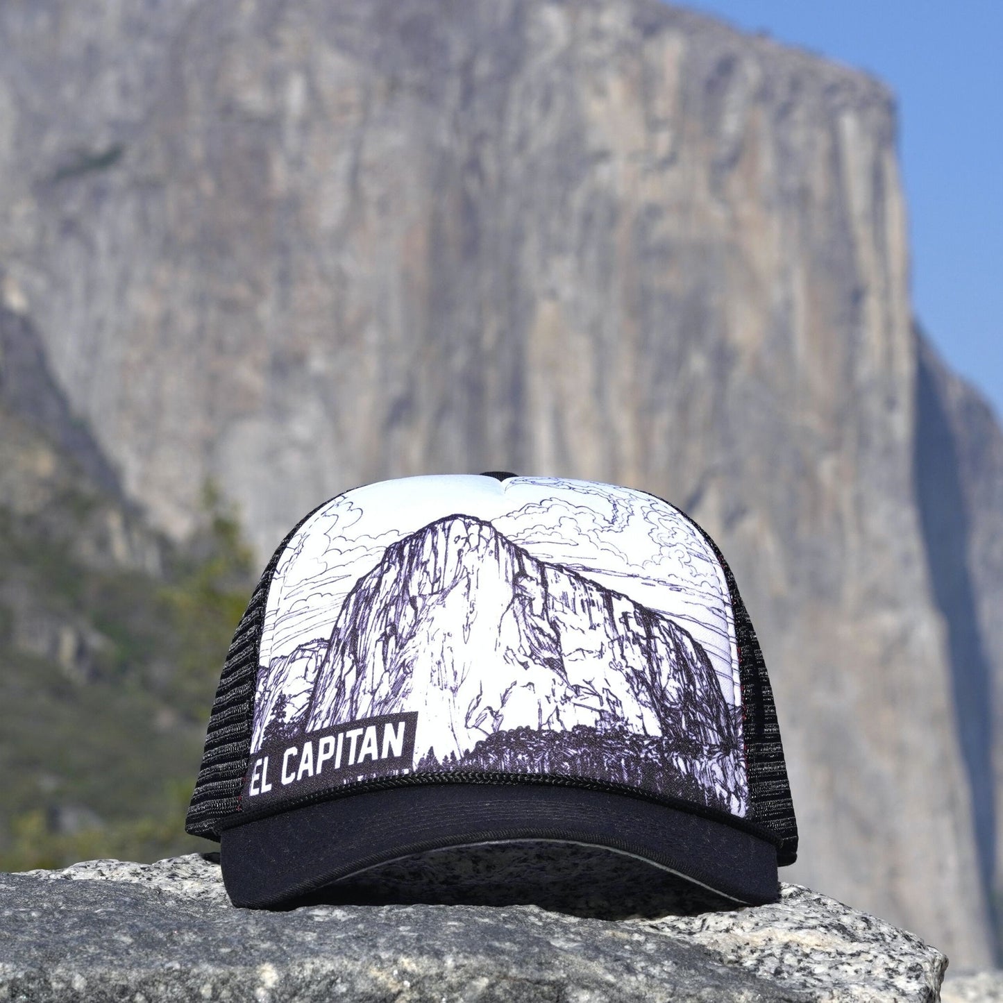 The El Capitan trucker hat in front of the El Capitan mountain | Hiker Sight