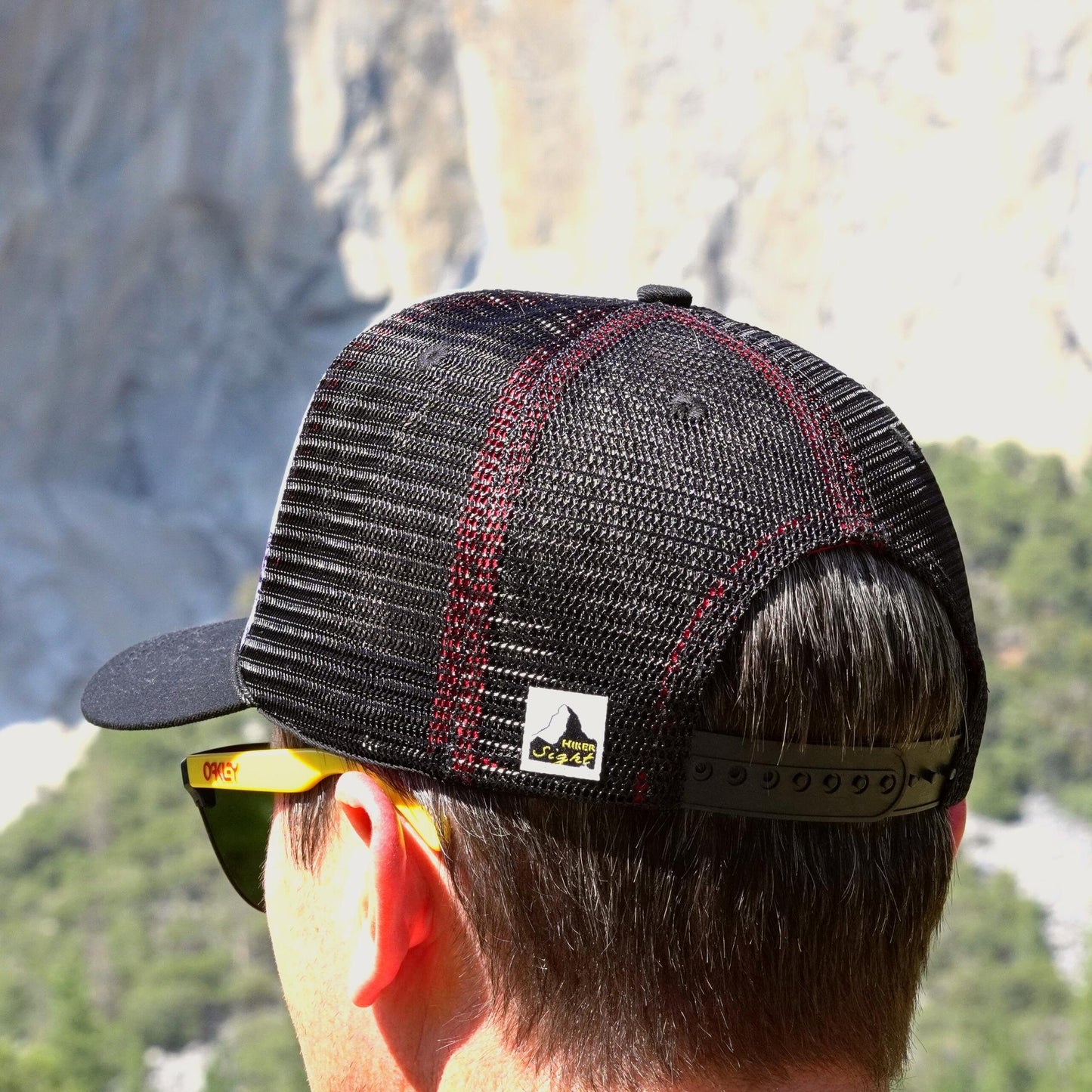 Stitched logo of Hiker Sight brand on the back of a trucker hat | Hiker Sight