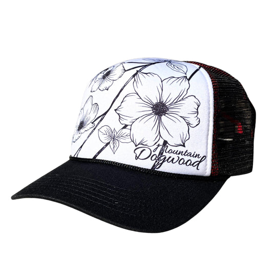 Mountain Dogwood Flower trucker hat side view | Hiker Sight